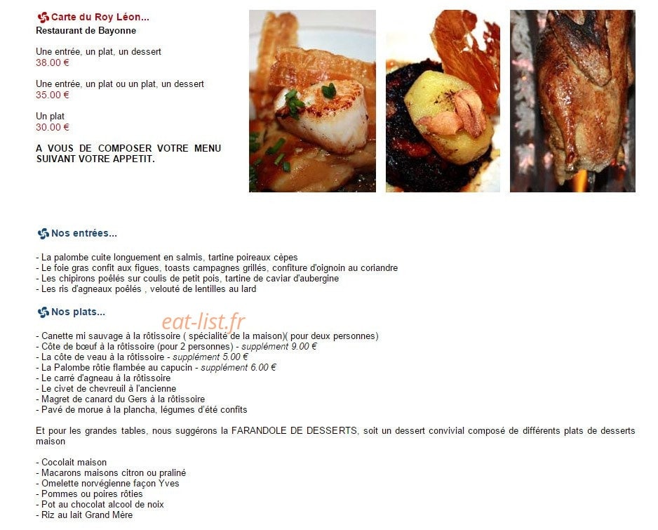 Carte et menu de Rôtisserie du Roy Léon à Bayonne — Les plats à la carte et formules