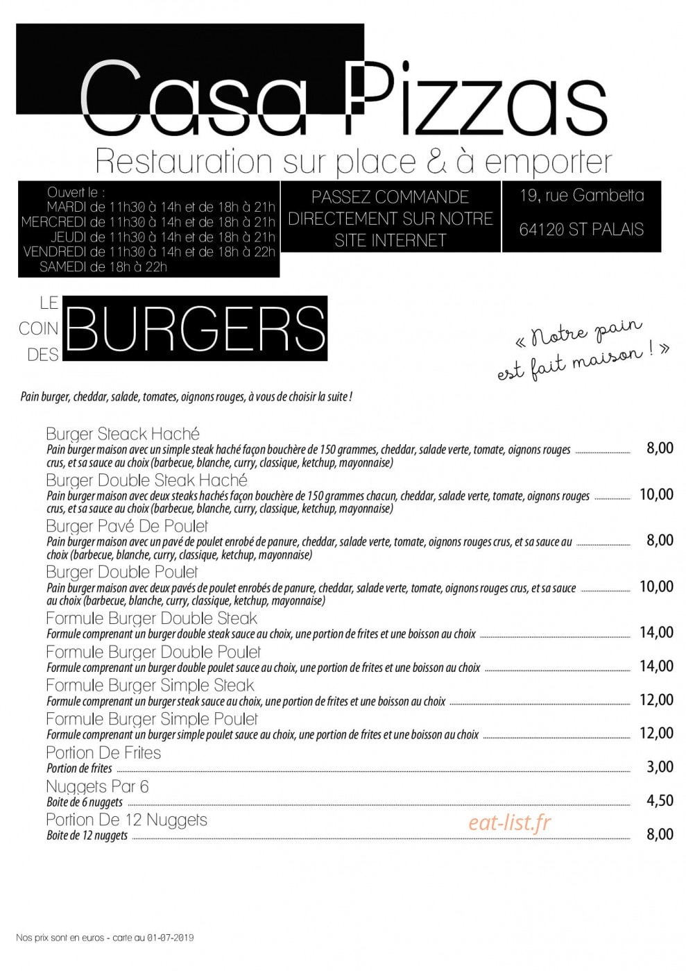 Casa Pizzas — carte page 1