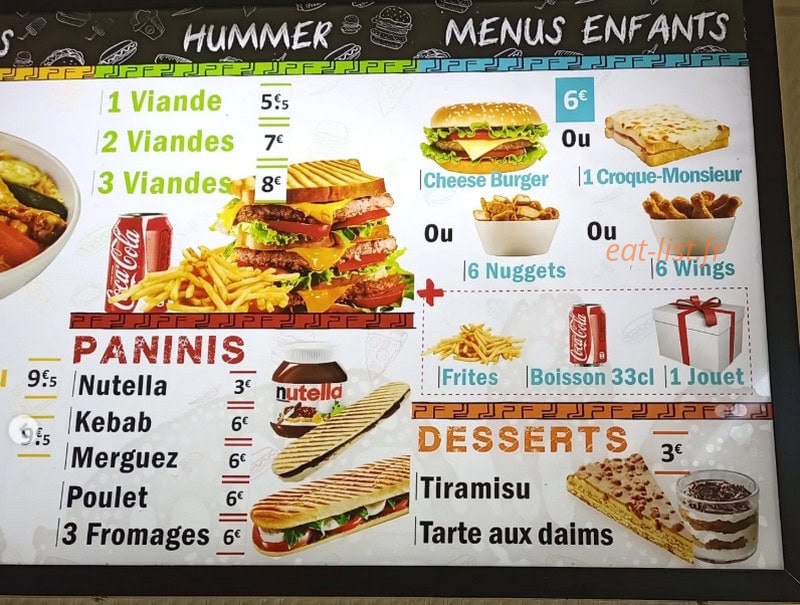 Carte et menu de Kz fastfood à Saint Palais — Hummer, desserts...