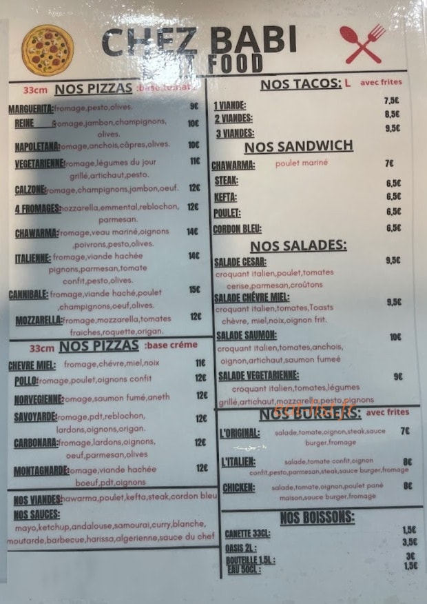 Fast food chez Babi — carte page 1