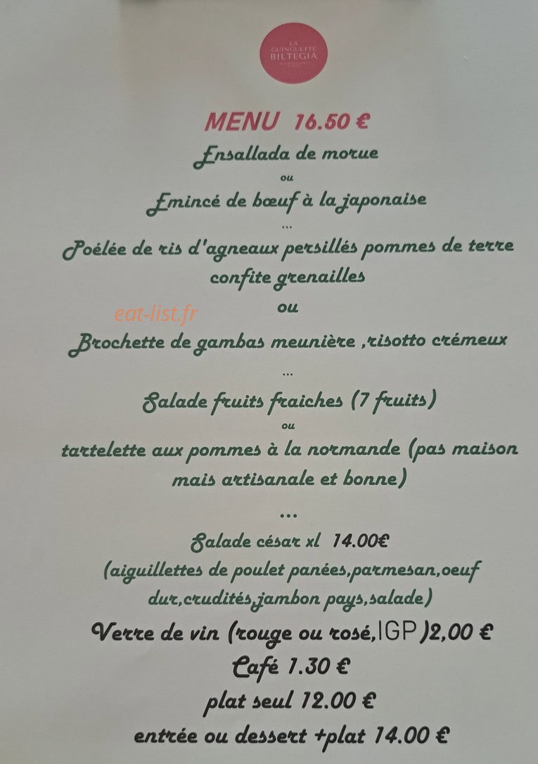 La Guinguette Biltegia — carte page 1