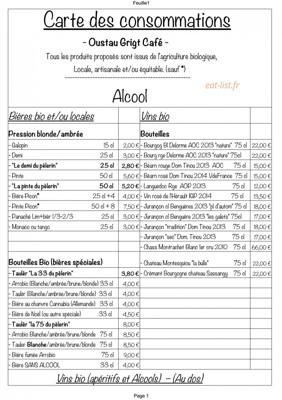 La maison du Grillon & Oustau Grigt Café — carte page 1