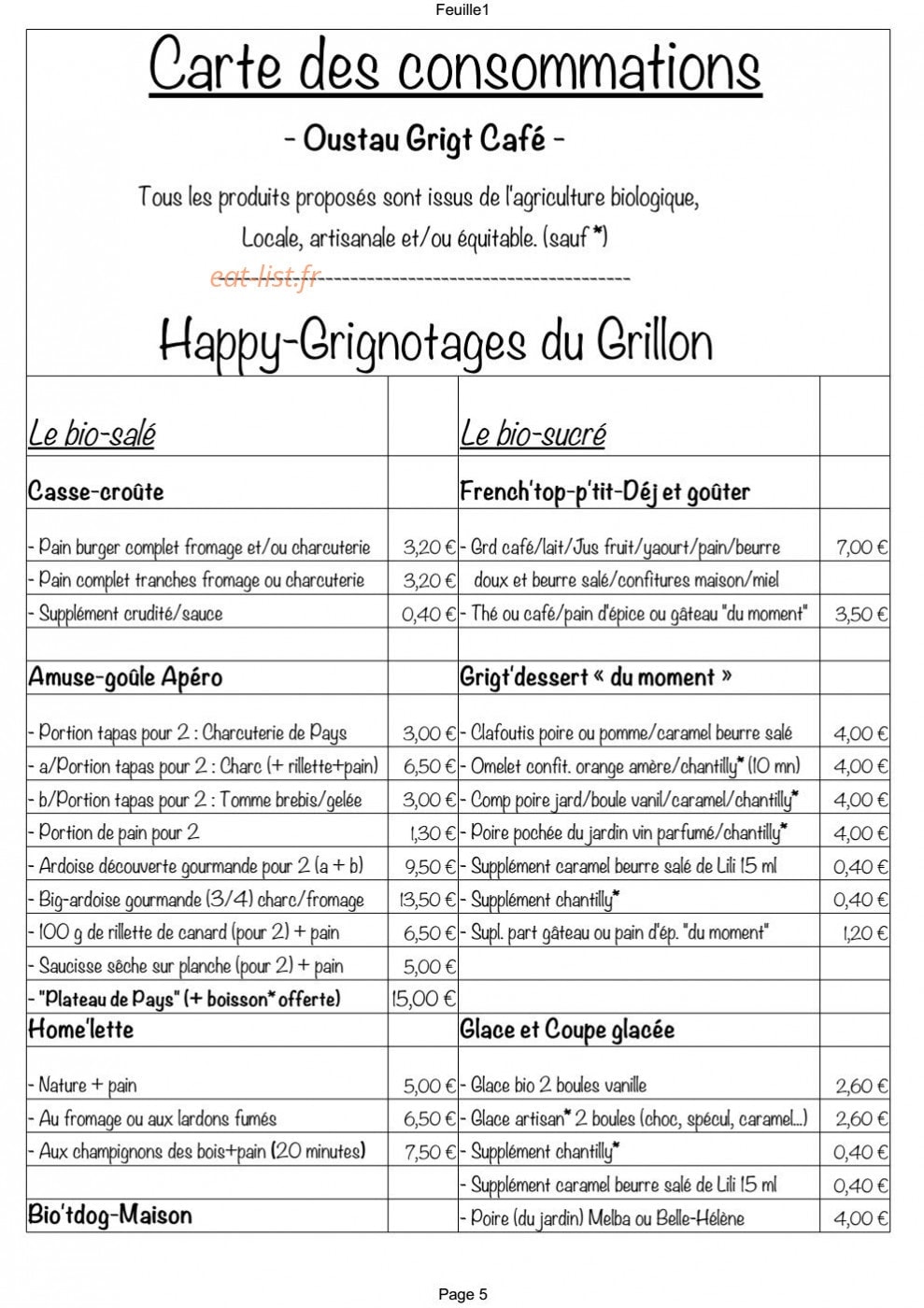 La maison du Grillon & Oustau Grigt Café — carte page 5
