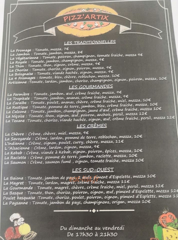 Pizz'Artix — carte page 1