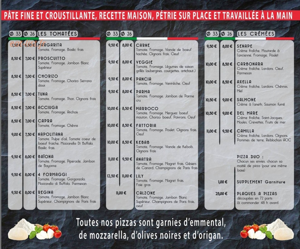 Carte et menu de Pizzeria Des Remparts à Navarrenx — Les pizzas