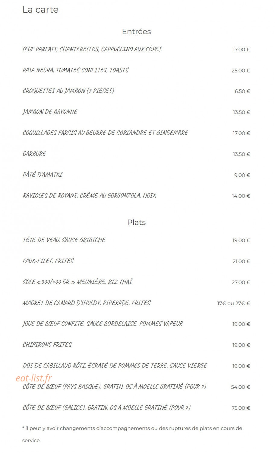 Restaurant du Trinquet d'Arcangues — carte page 1