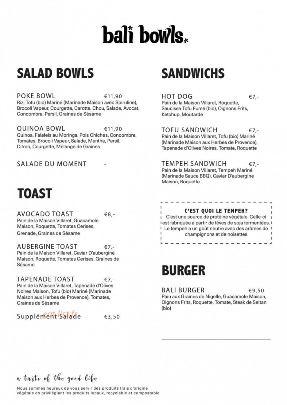 Bali Bowls — carte page 1