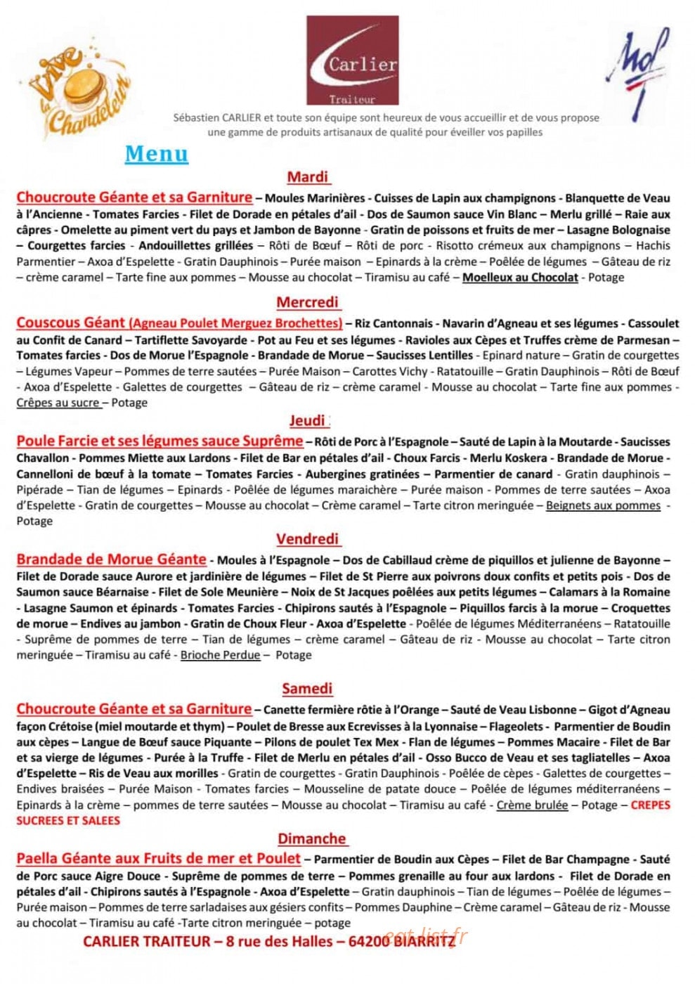 Carlier Traiteur — carte page 1
