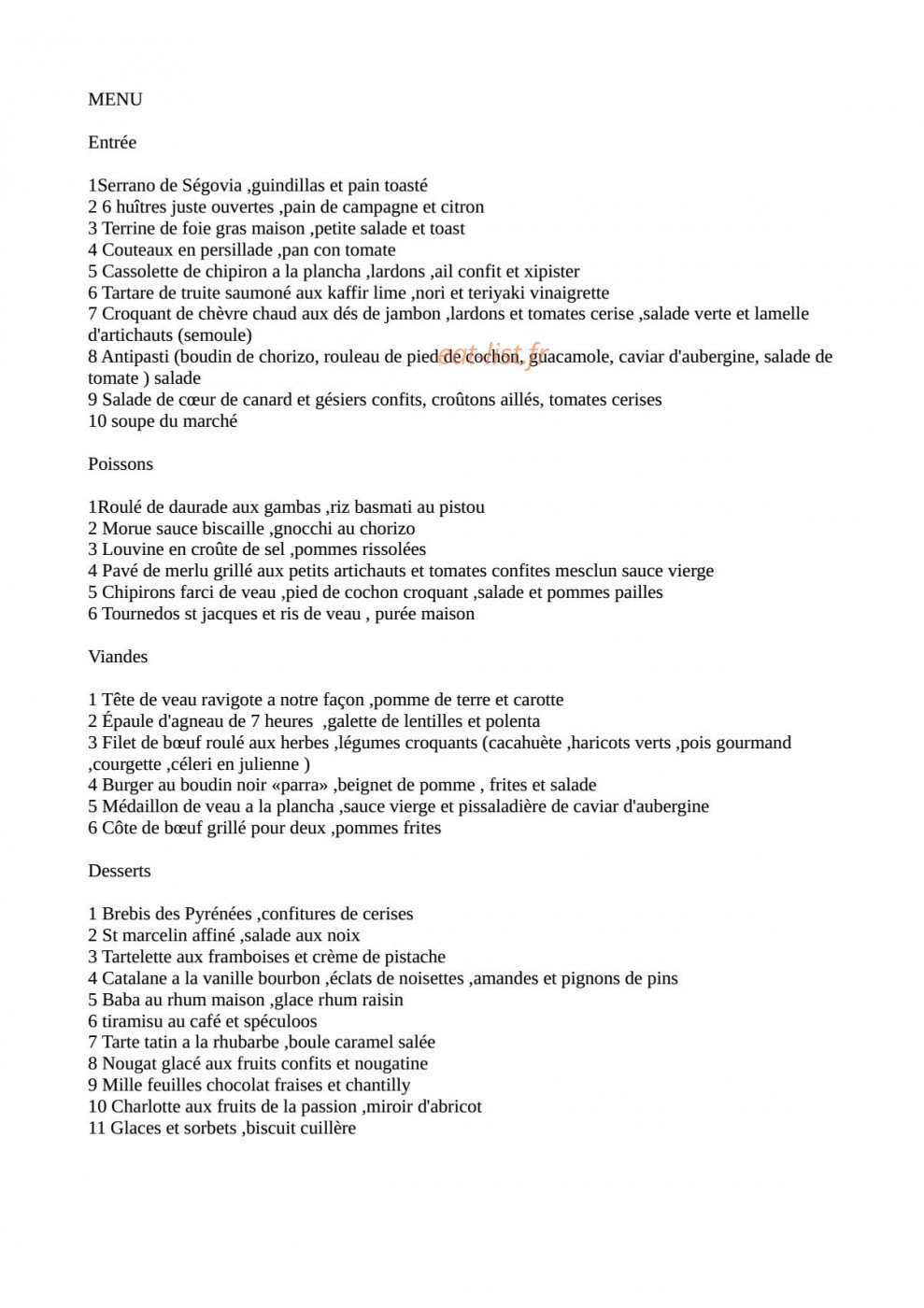 Le Bistrot des Halles — carte page 1