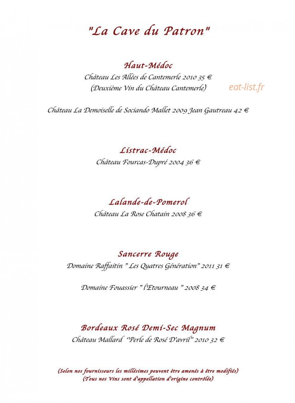 Restaurant La Goulue — carte page 2