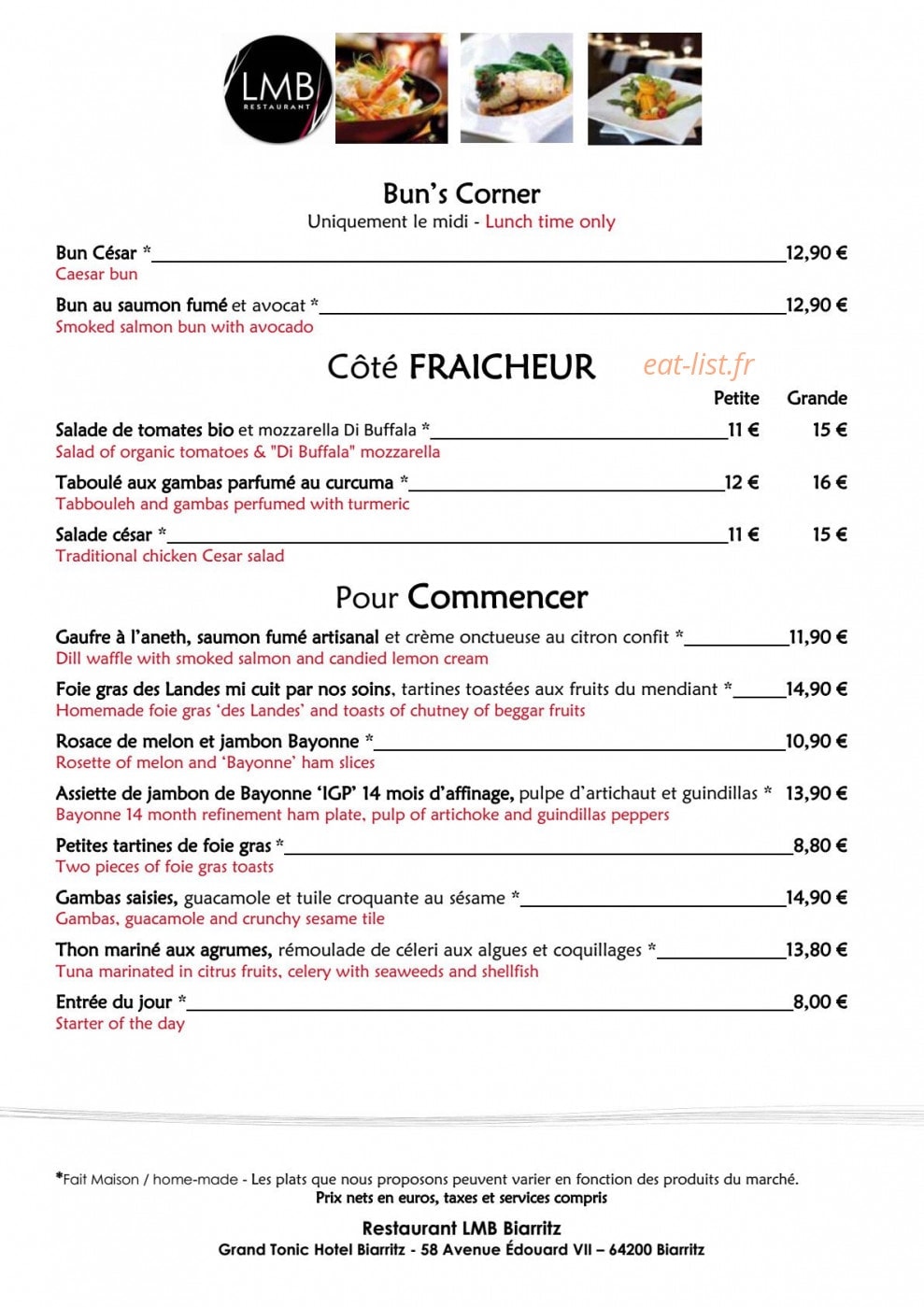 Restaurant LMB — carte page 1