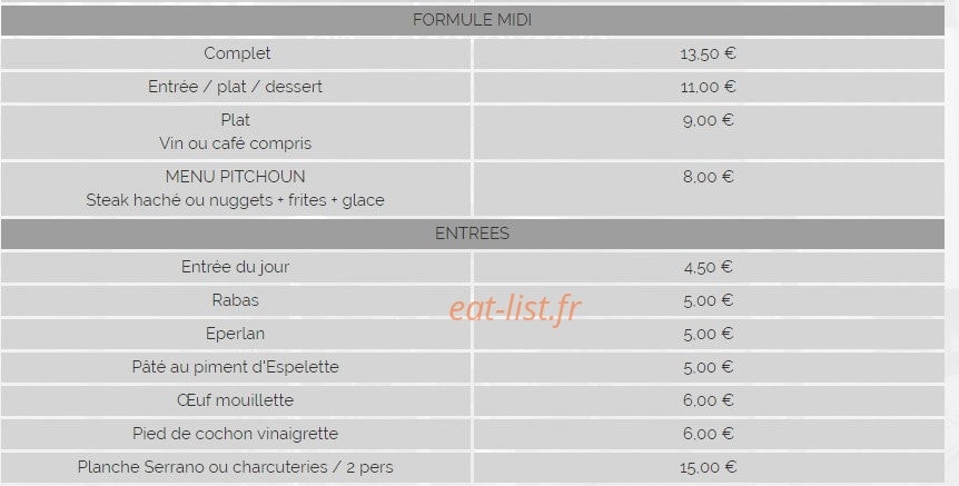 Carte et menu de La Brasserie Du Hameau à Bizanos — Formules, entrées