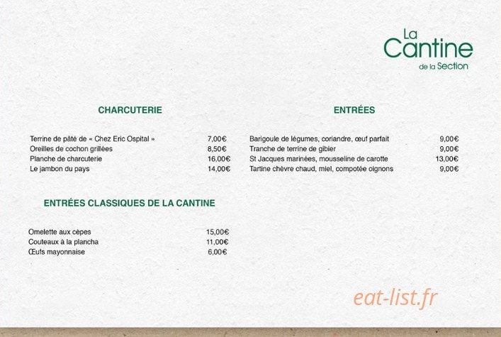 La Cantine de la Section — carte page 1