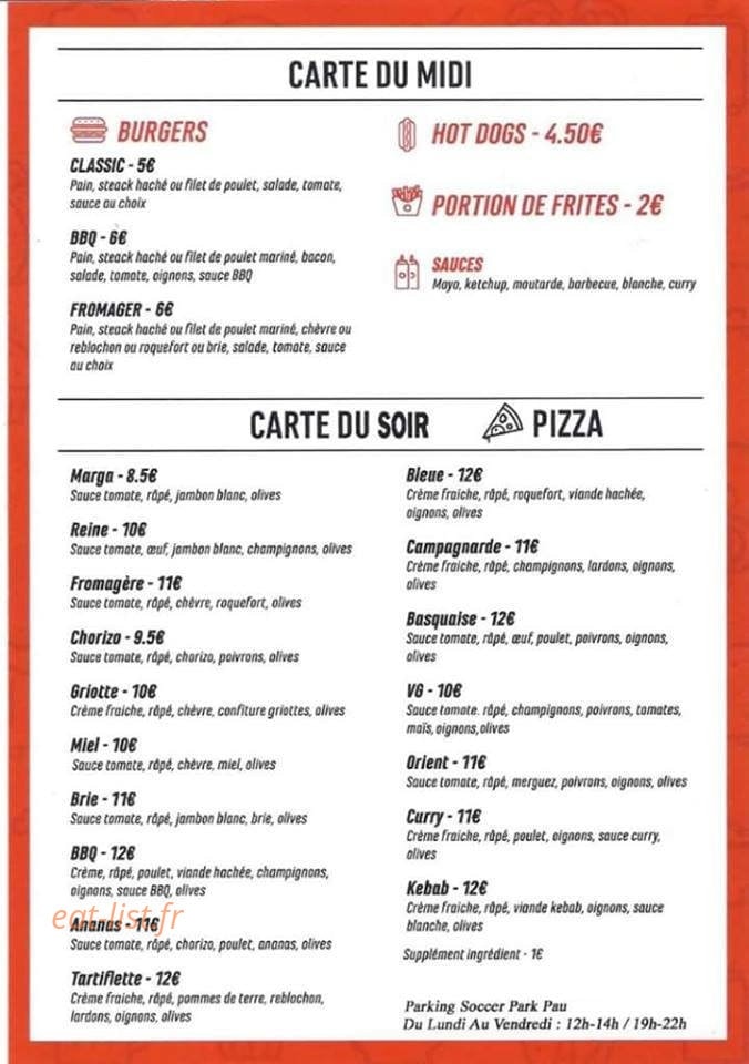 Carte et menu de Soccer Food à Bizanos — Burgers, hot dog, pizzas...