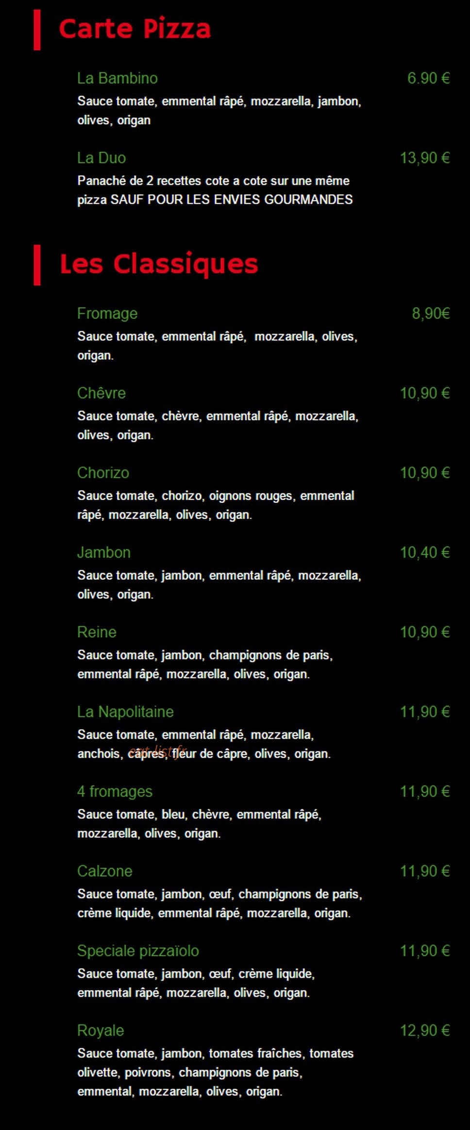 Bonnie's Pizza — carte page 1