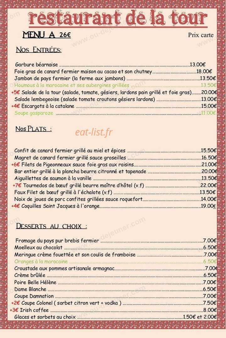 Restaurant de la Tour — carte page 1