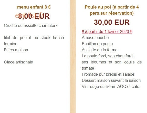 La ferme auberge Casaux Estrem — carte page 2