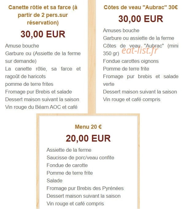 La ferme auberge Casaux Estrem — carte page 1
