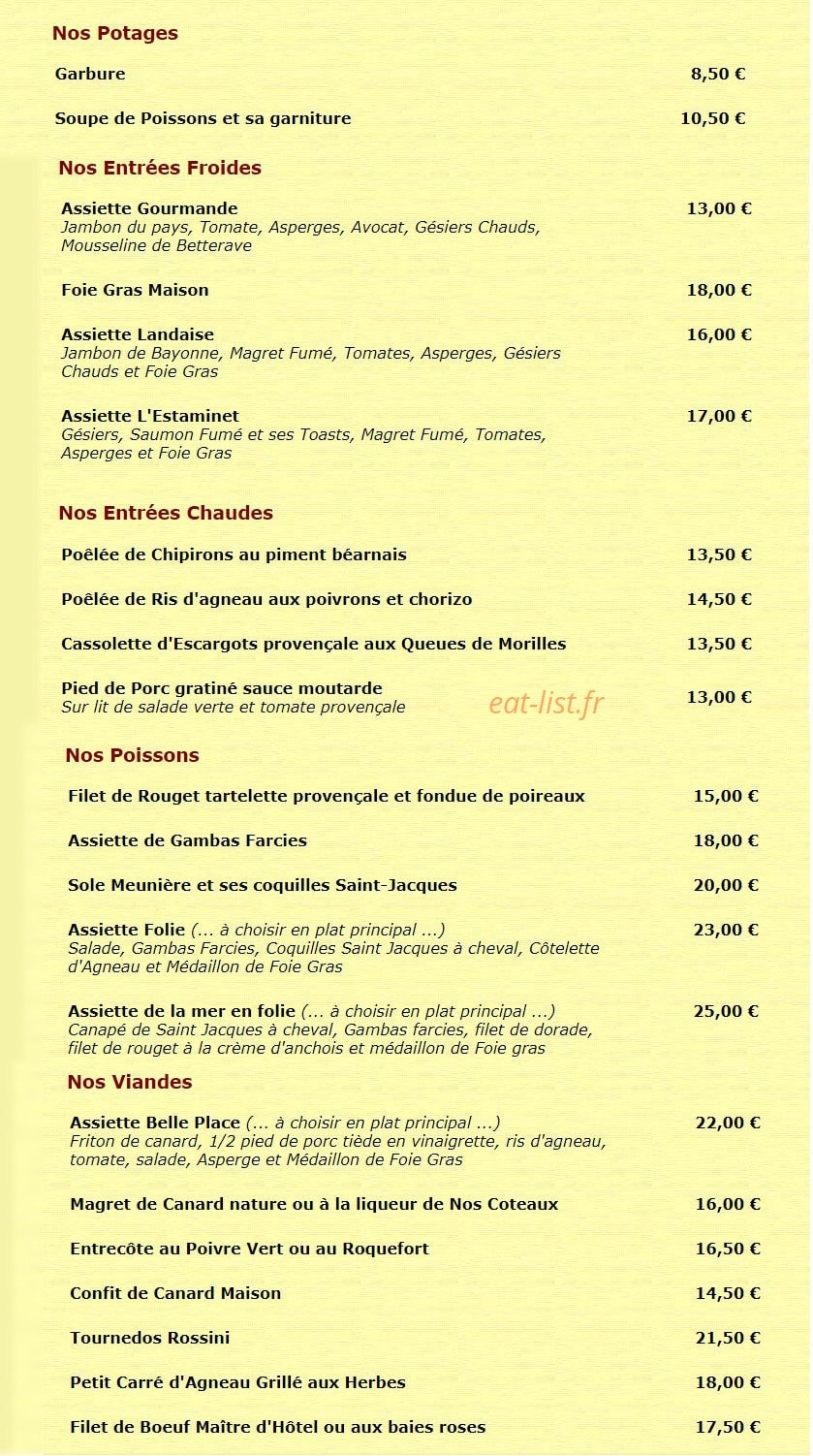 L'Estaminet — carte page 1
