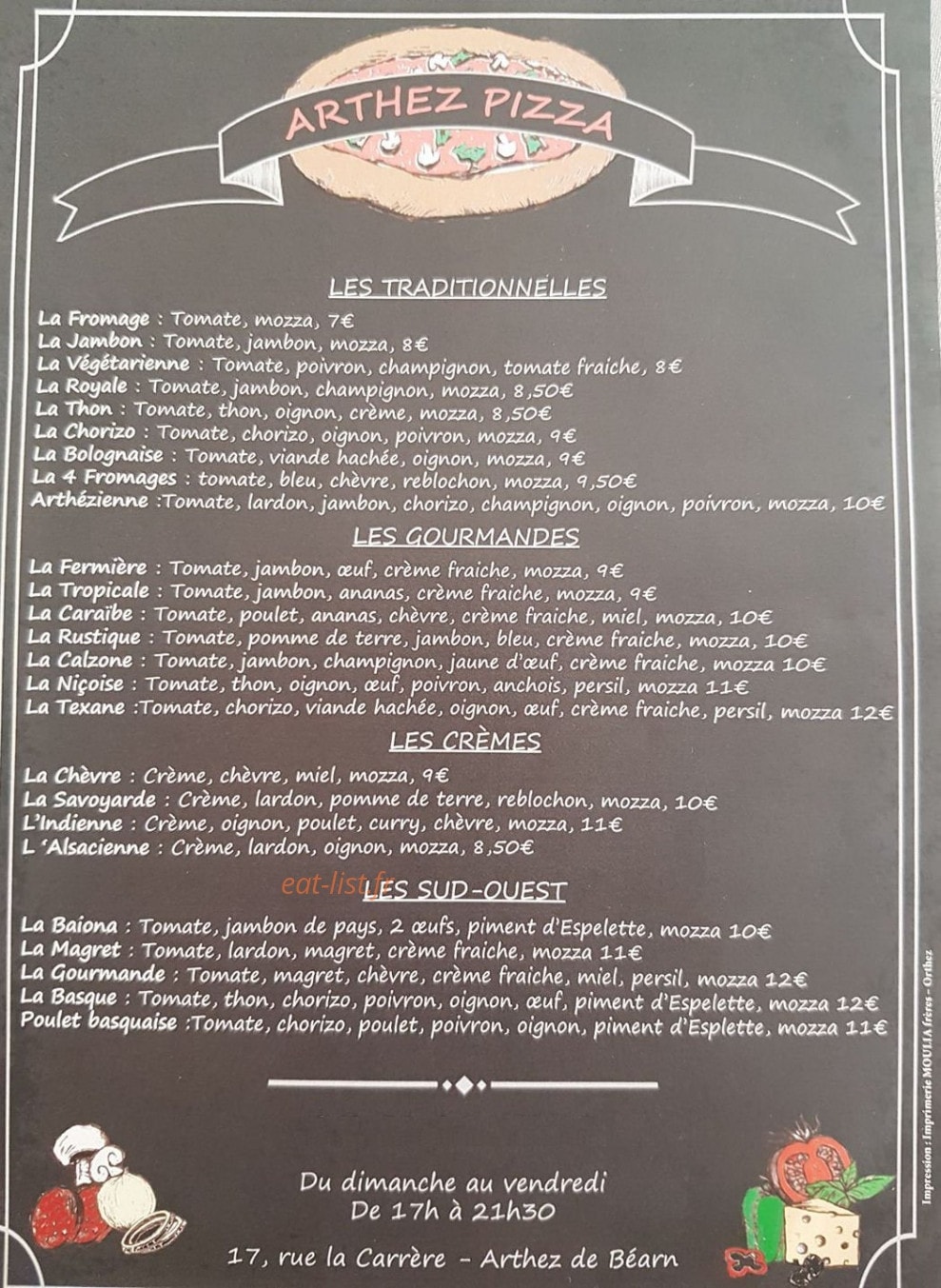 Arthez Pizza — carte page 1