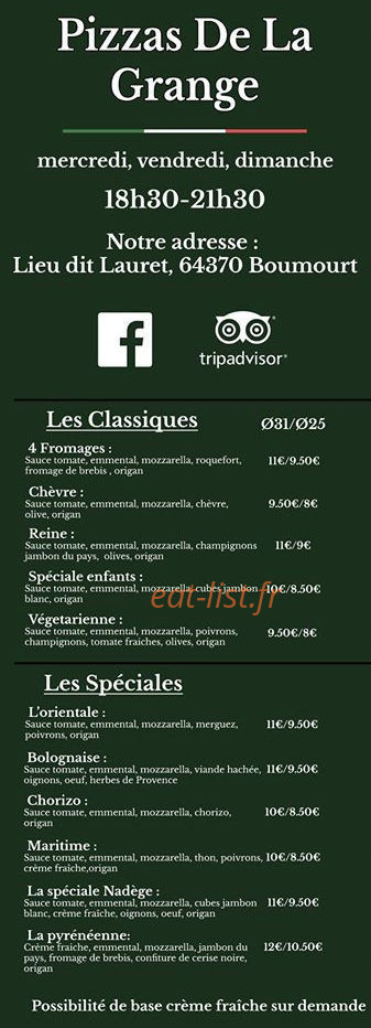 Pizzas de la Grange — carte page 1