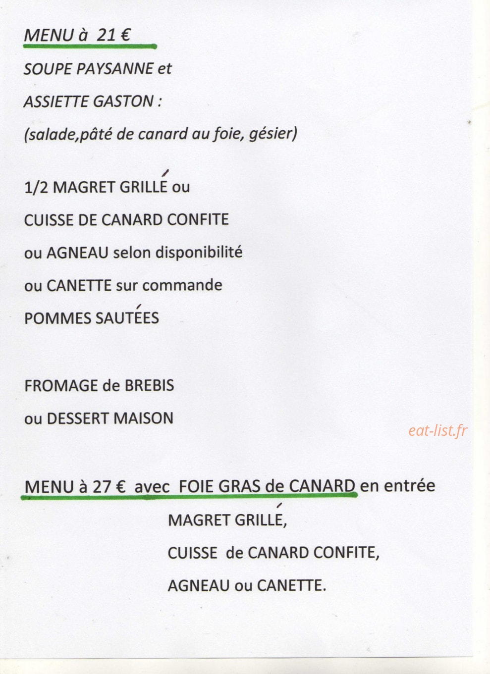 Repas à la Ferme — carte page 1