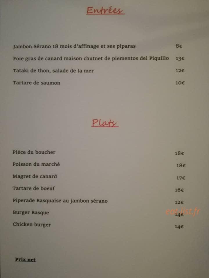 Carte et menu de Bistrot de la mairie à Sauveterre de Bearn — Les entrées et plats
