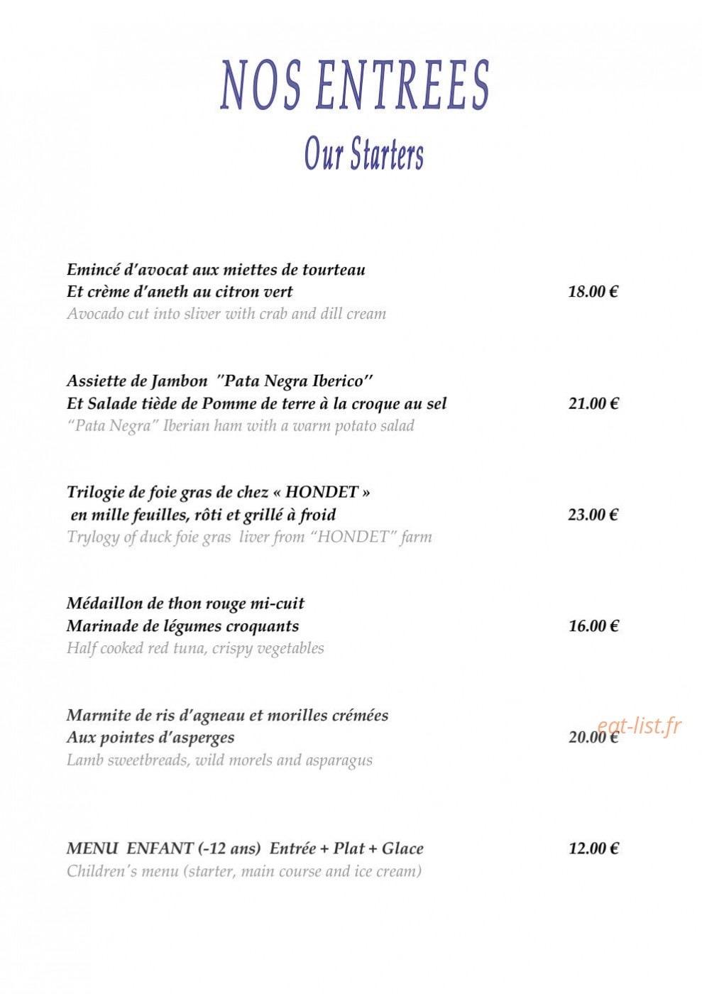 Restaurant Le Pastoral — carte page 2