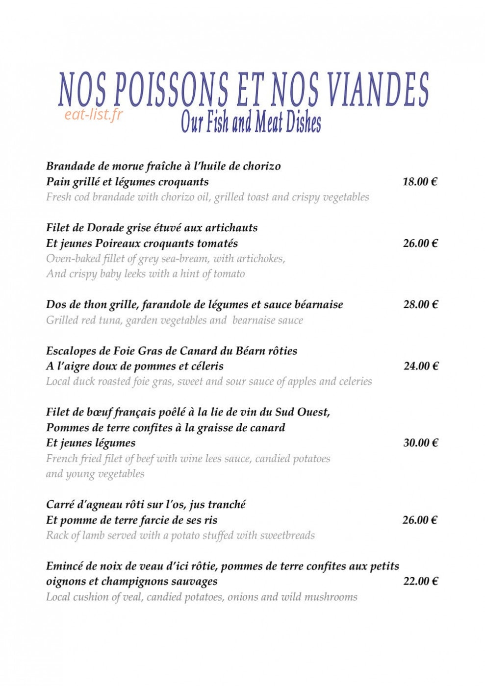 Restaurant Le Pastoral — carte page 3