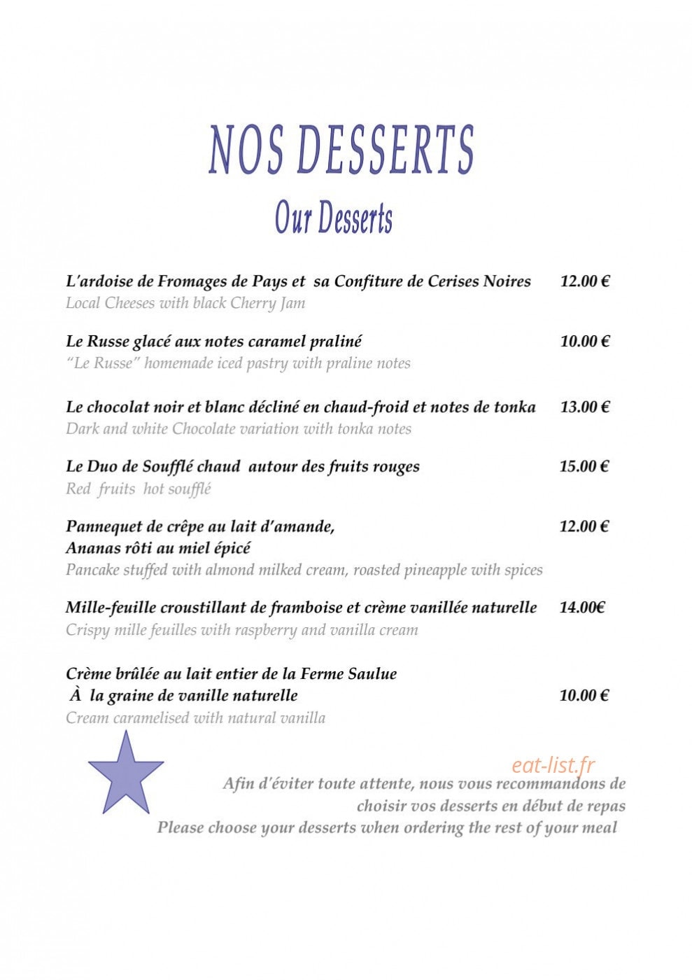 Restaurant Le Pastoral — carte page 4