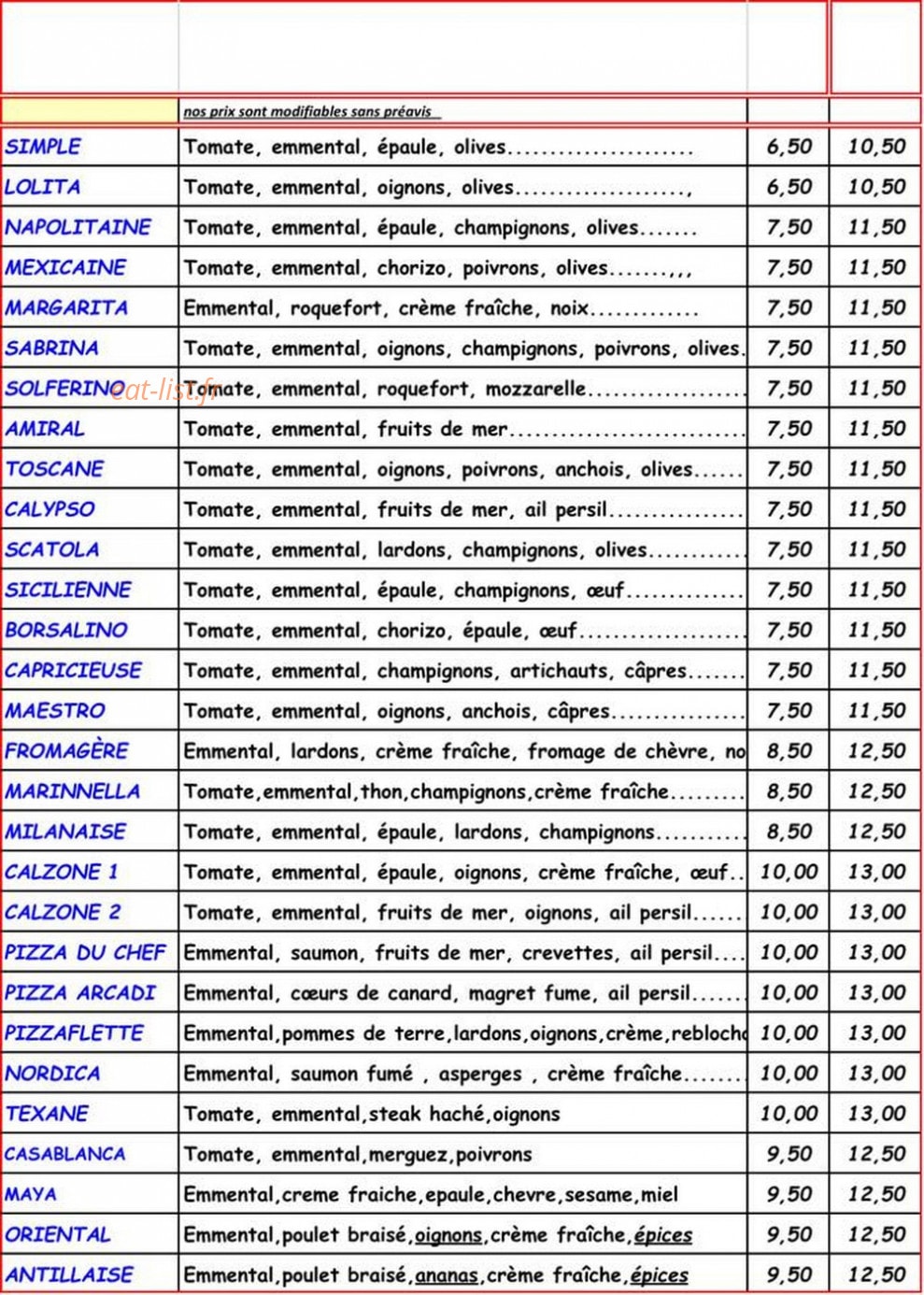 Pizzeria Arcadi — carte page 1