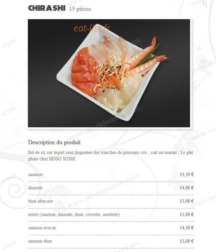 Carte et menu de Hoso sushi à Saint Jean de Luz — Les chirachis