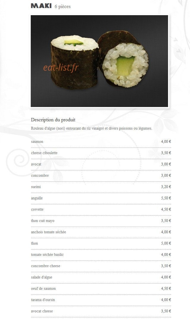 Carte et menu de Hoso sushi à Saint Jean de Luz — Les makis