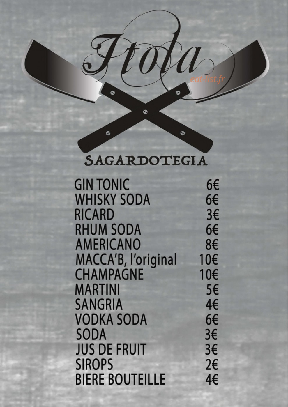 Carte et menu de Itola sagardotegia à Saint Jean de Luz — Les boissons suite