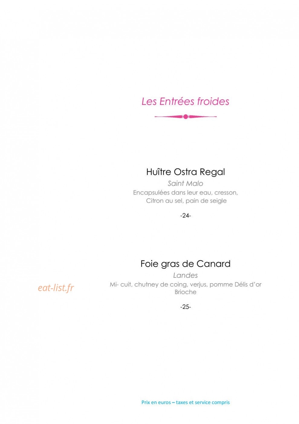 Carte et menu de L'Océan à Saint Jean de Luz — Les entrées froides