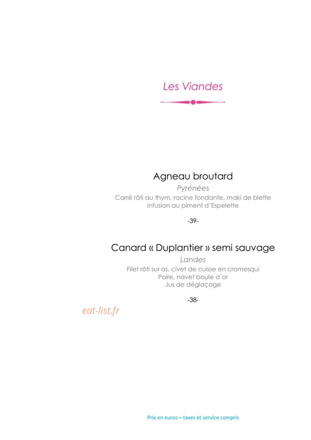 Carte et menu de L'Océan à Saint Jean de Luz — Les viandes