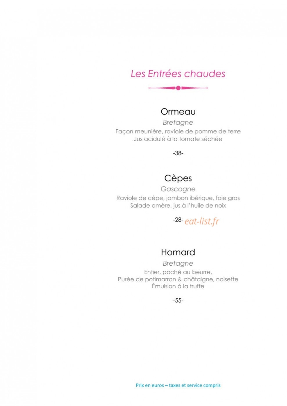 Carte et menu de L'Océan à Saint Jean de Luz — Les entrées chaudes