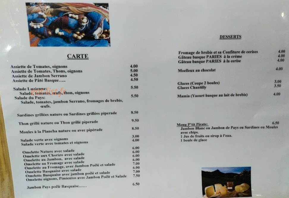 Carte et menu de La grillerie de sardines à Saint Jean de Luz — La carte