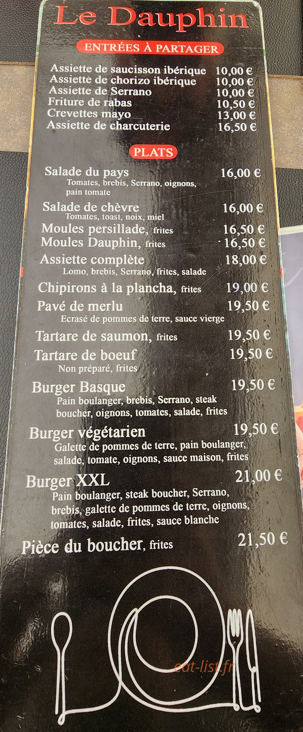 Carte et menu de Le Dauphin à Saint Jean de Luz — Les entrées et plats