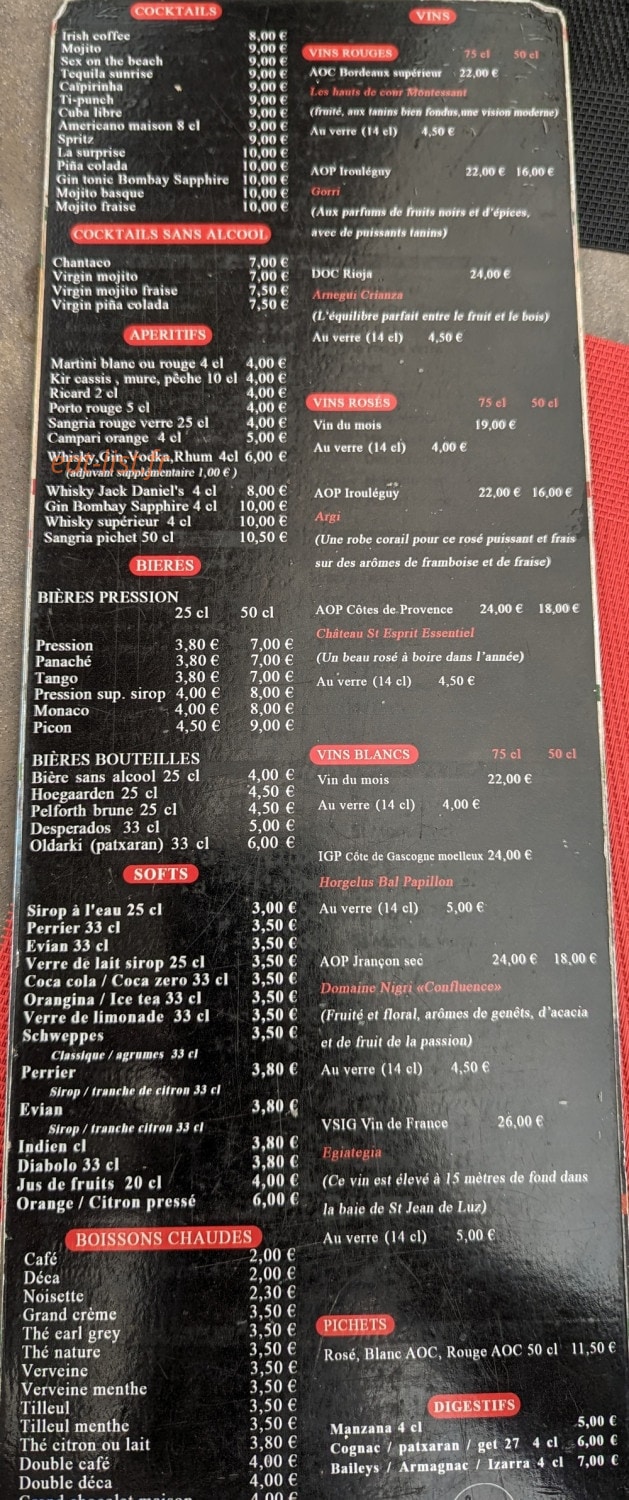 Carte et menu de Le Dauphin à Saint Jean de Luz — Les cocktails, vins, ...