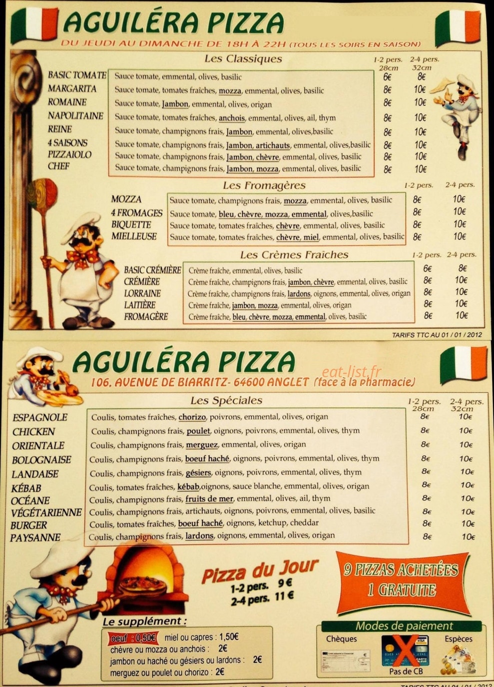 Aguiléra Pizza — carte page 1
