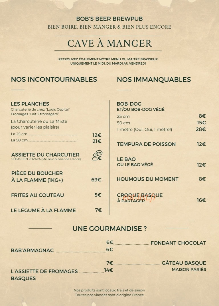 Bob's Beer Brewpub — carte page 1