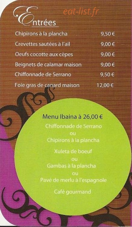 Ibaina restaurant — carte page 1