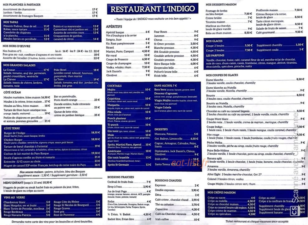Restaurant l'Indigo — carte page 1