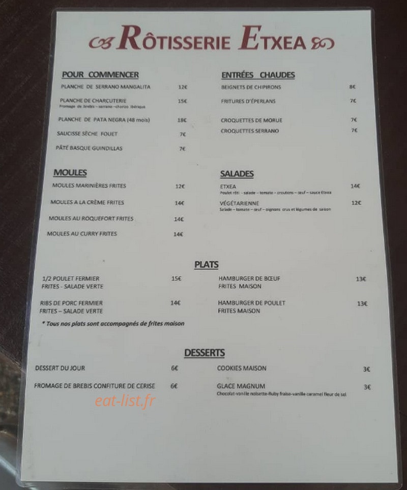 Rôtisserie Etxea — carte page 1