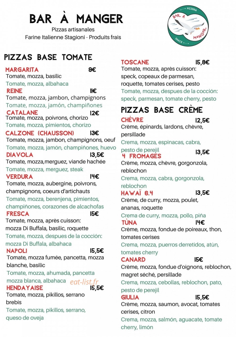 Bar à Manger — carte page 1