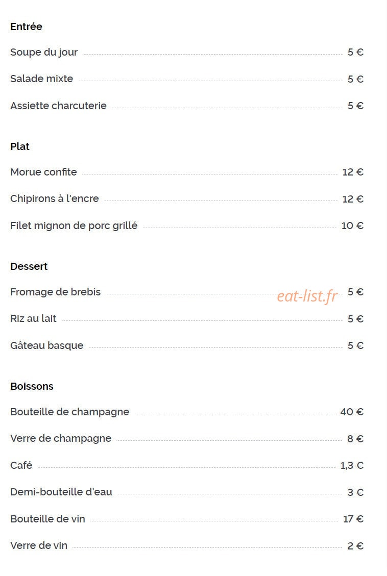 Bidasoa Jatetxea — carte page 1