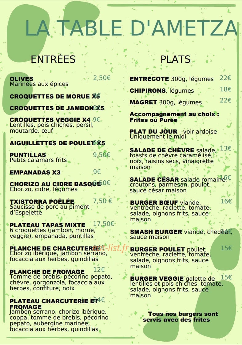 La Table d'Ametza — carte page 1