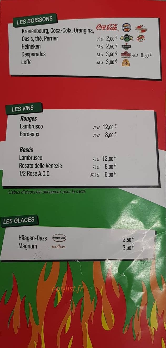 Carte et menu de Pizzeria al forno à Coarraze — Les boissons, vins et glaces
