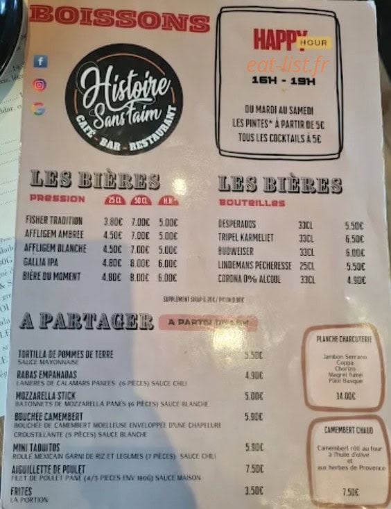 Carte et menu de Histoire sans faim à Nay Bourdettes — Boissons